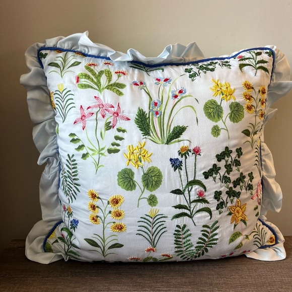 Anthropologie Pernille Rosenkilde Embroidered Pillow Floral Ruffled 18 x 18 - Picture 3 of 12